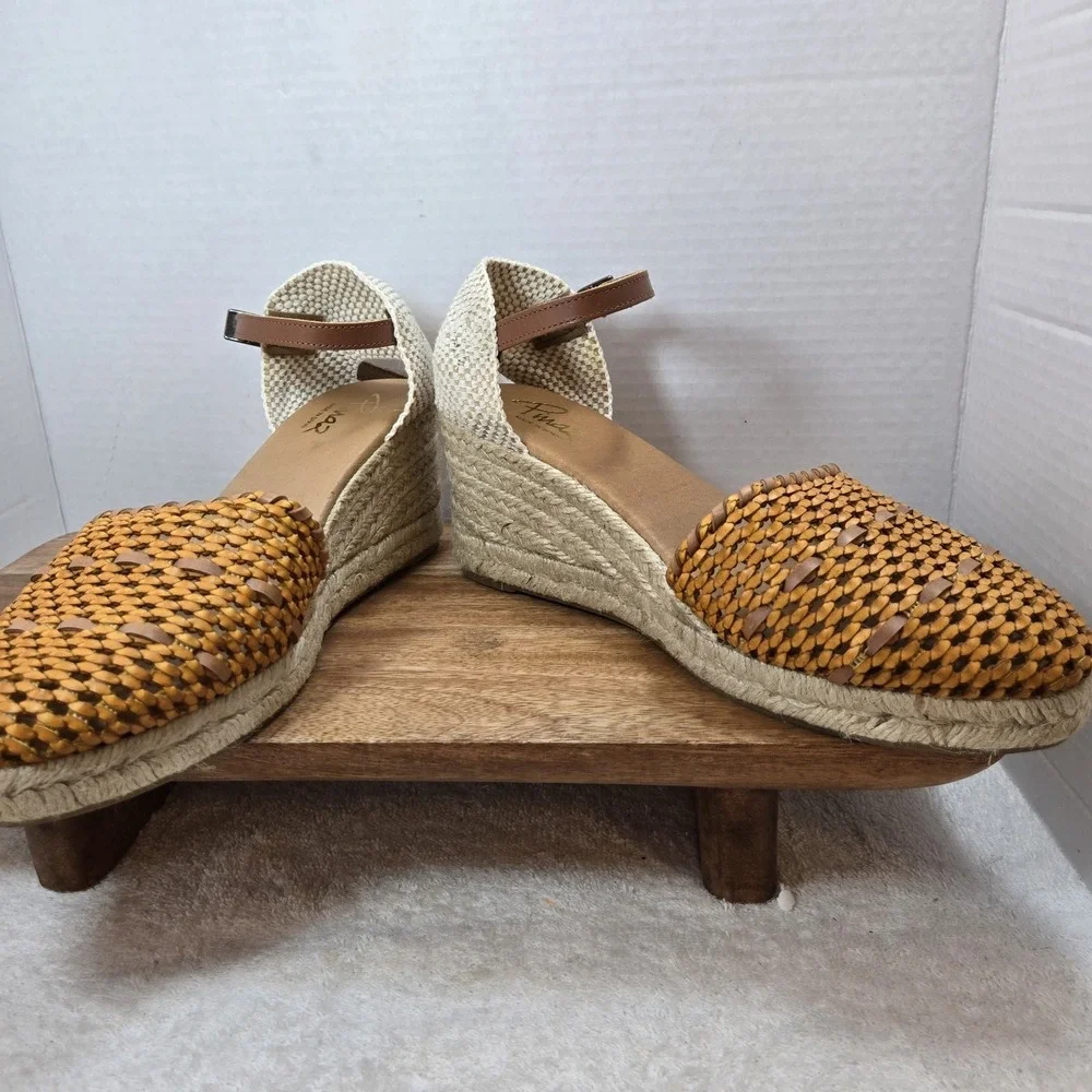 Pinaz Espadrille Wedges Women‎ EU 40 US 9 Tan Woven Leather Jute Ankle Strap...